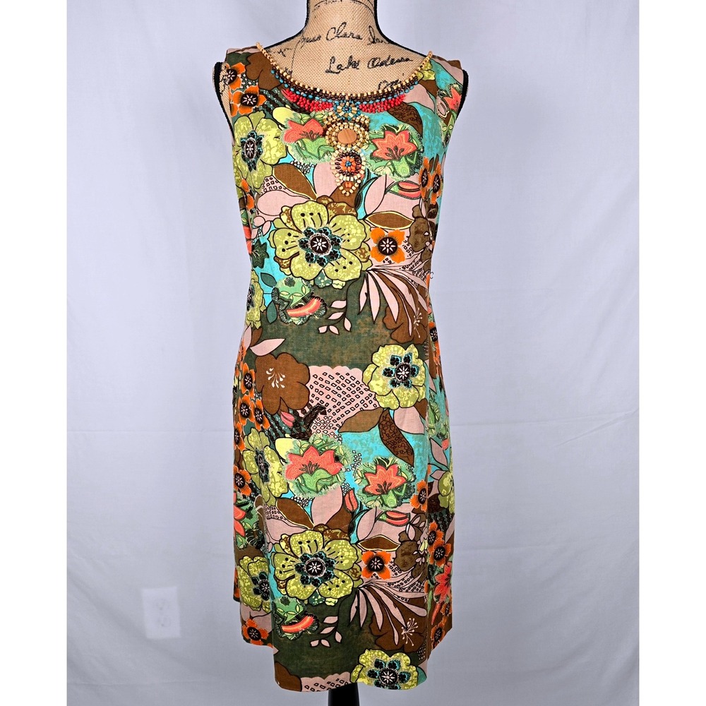 Signature By Robbie Bee Floral Linen Blend Beaded Shift Dress Brown Green Sz 16